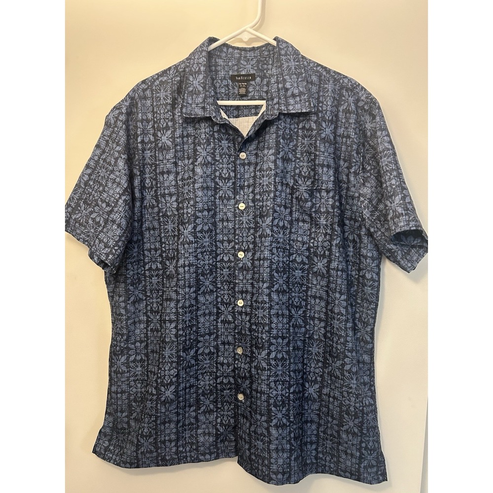 Van Heusen Blue Print Polyester Short Sleeve Button Up Shirt Mens XL 17-17 1/2